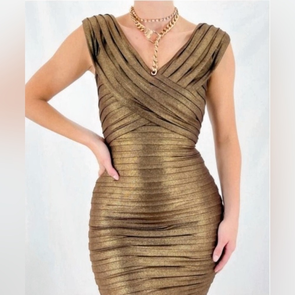 TADASHI SHOJI Metallic Bronze Gold Pleated Formal Cocktail Dress Small